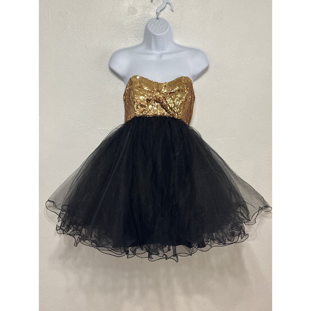 VTG Y2K Chicas Sequin Bow Tutu Mini Dress M Gold Black Holiday Party HOCO Glam